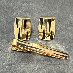 Vintage Speidel Cufflinks & Tie Clip‎ Set Gold Tone Black Inlay Mid Century USA